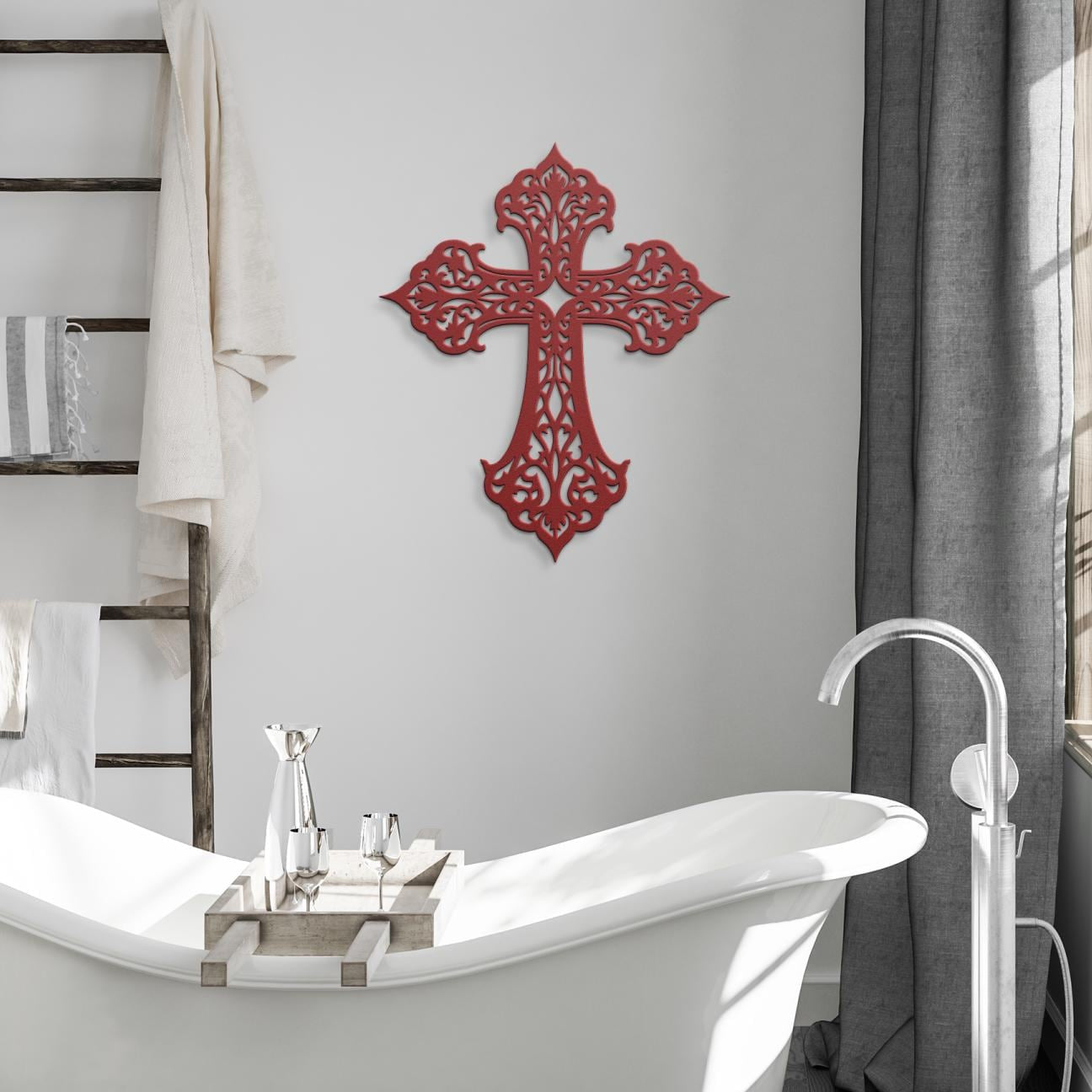 Decorative filigree metal cross wall art with ornate scrollwork, elegant Christian home decor and religious wall accent