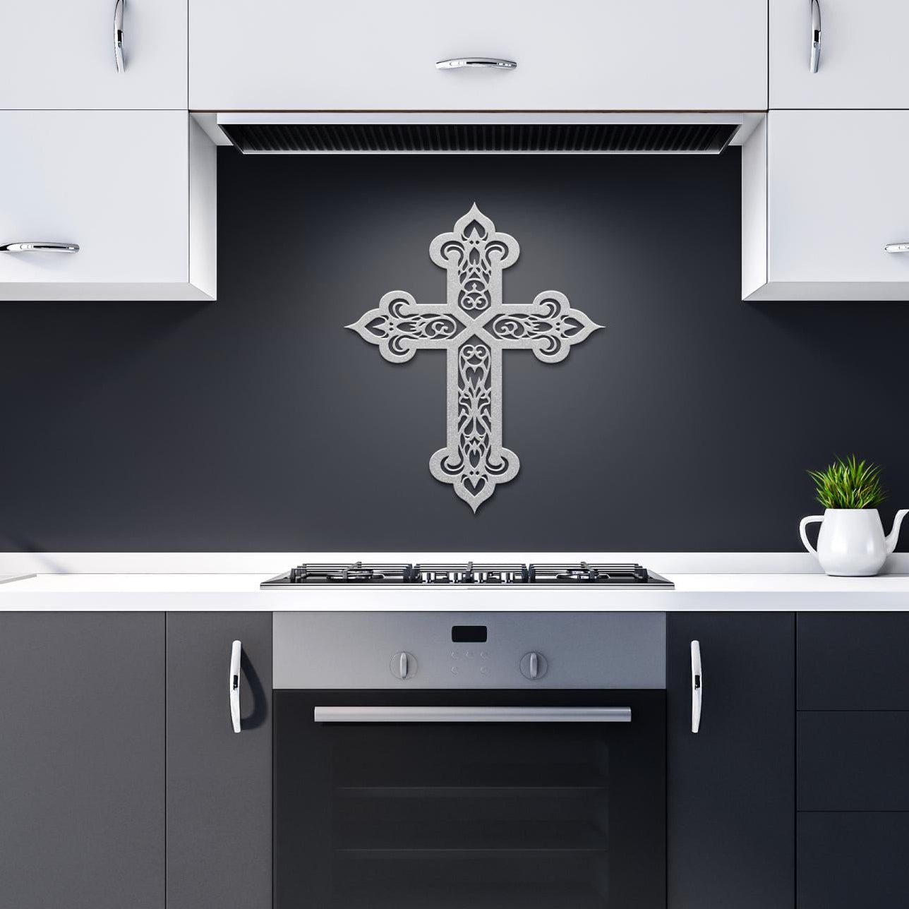 Decorative filigree metal cross wall art with ornate scrollwork, elegant Christian home decor and religious wall accent