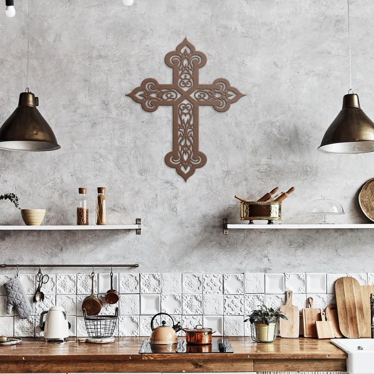 Decorative filigree metal cross wall art with ornate scrollwork, elegant Christian home decor and religious wall accent