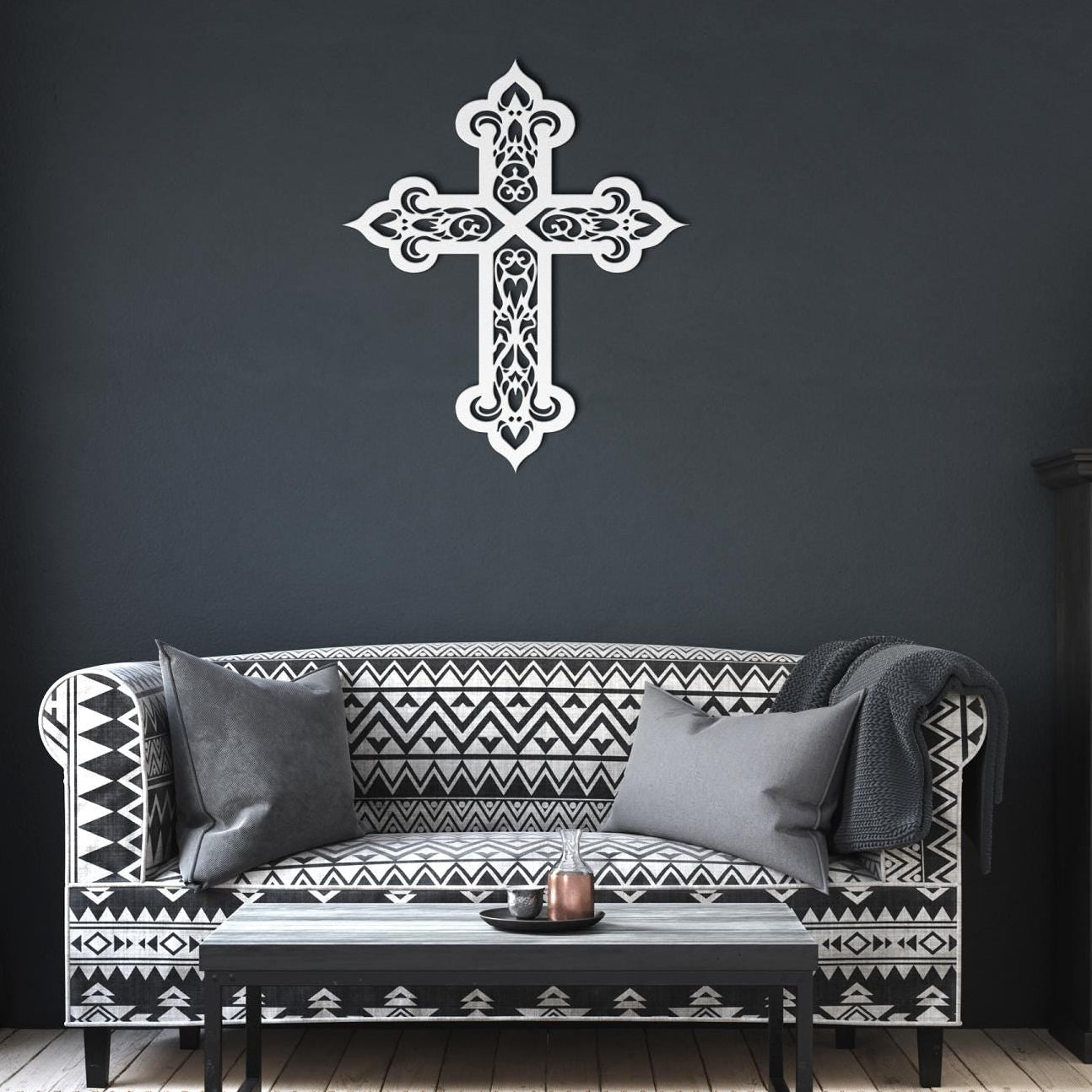 Decorative filigree metal cross wall art with ornate scrollwork, elegant Christian home decor and religious wall accent