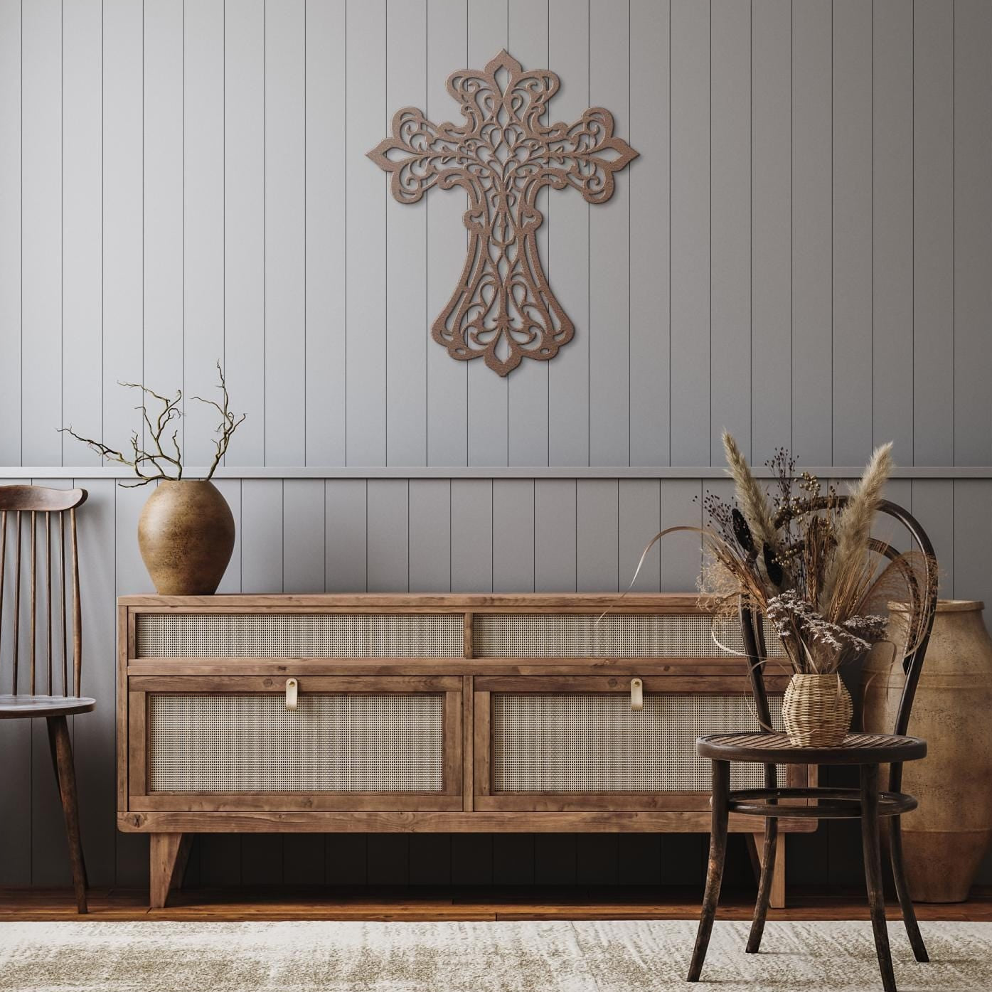 Decorative filigree metal cross wall art with ornate scrollwork, elegant Christian home decor and religious wall accent