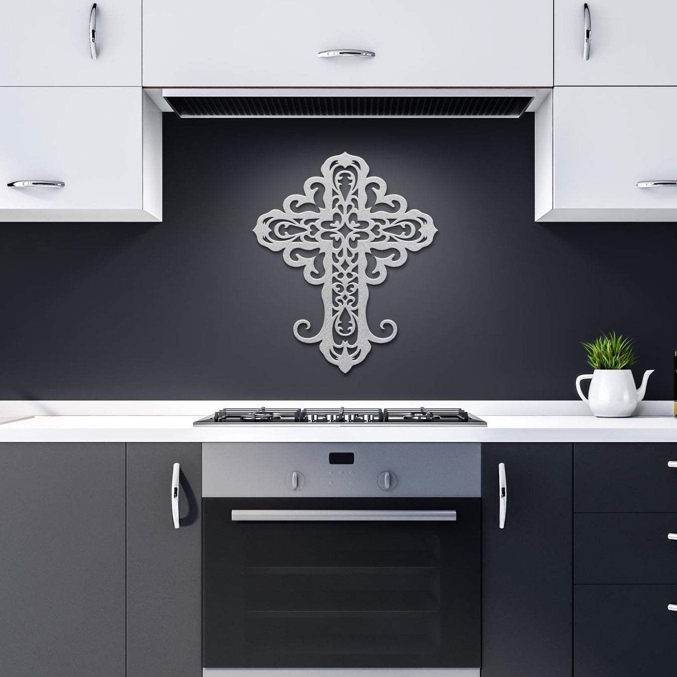 Decorative filigree metal cross wall art with ornate scrollwork, elegant Christian home decor and religious wall accent