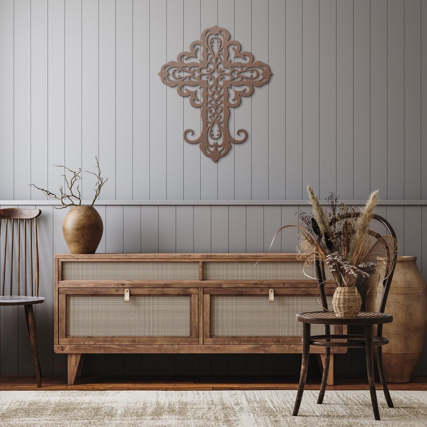 Decorative filigree metal cross wall art with ornate scrollwork, elegant Christian home decor and religious wall accent