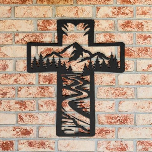 Metal Cross Wall Art - Forest Stream Mountains Nature Scene | Christian Home Decor | Rustic Faith Cross | Outdoor or Indoor Religious Gift