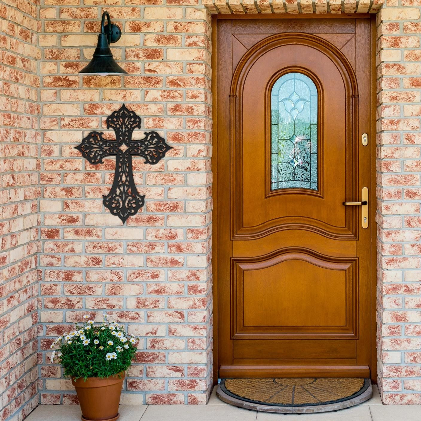 Decorative filigree metal cross wall art with ornate scrollwork, elegant Christian home decor and religious wall accent