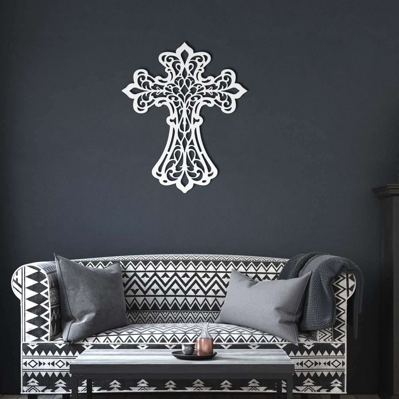 Decorative filigree metal cross wall art with ornate scrollwork, elegant Christian home decor and religious wall accent