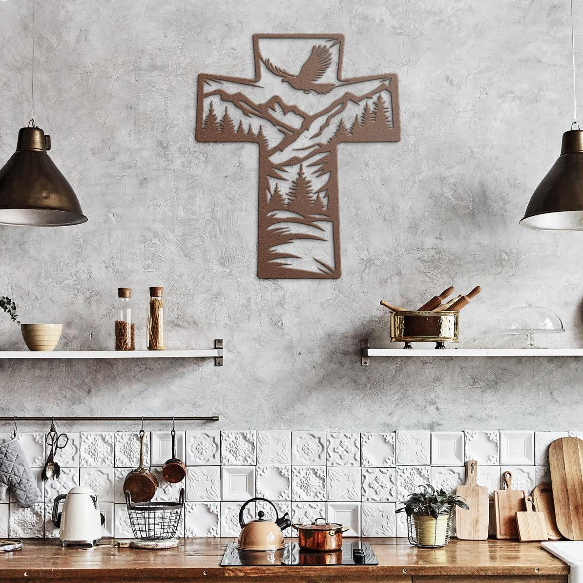 Metal Cross Wall Art with Dove in the Mountains Nature Scene | Christian Home Decor | Rustic Faith Cross | Outdoor or Indoor Religious Gift