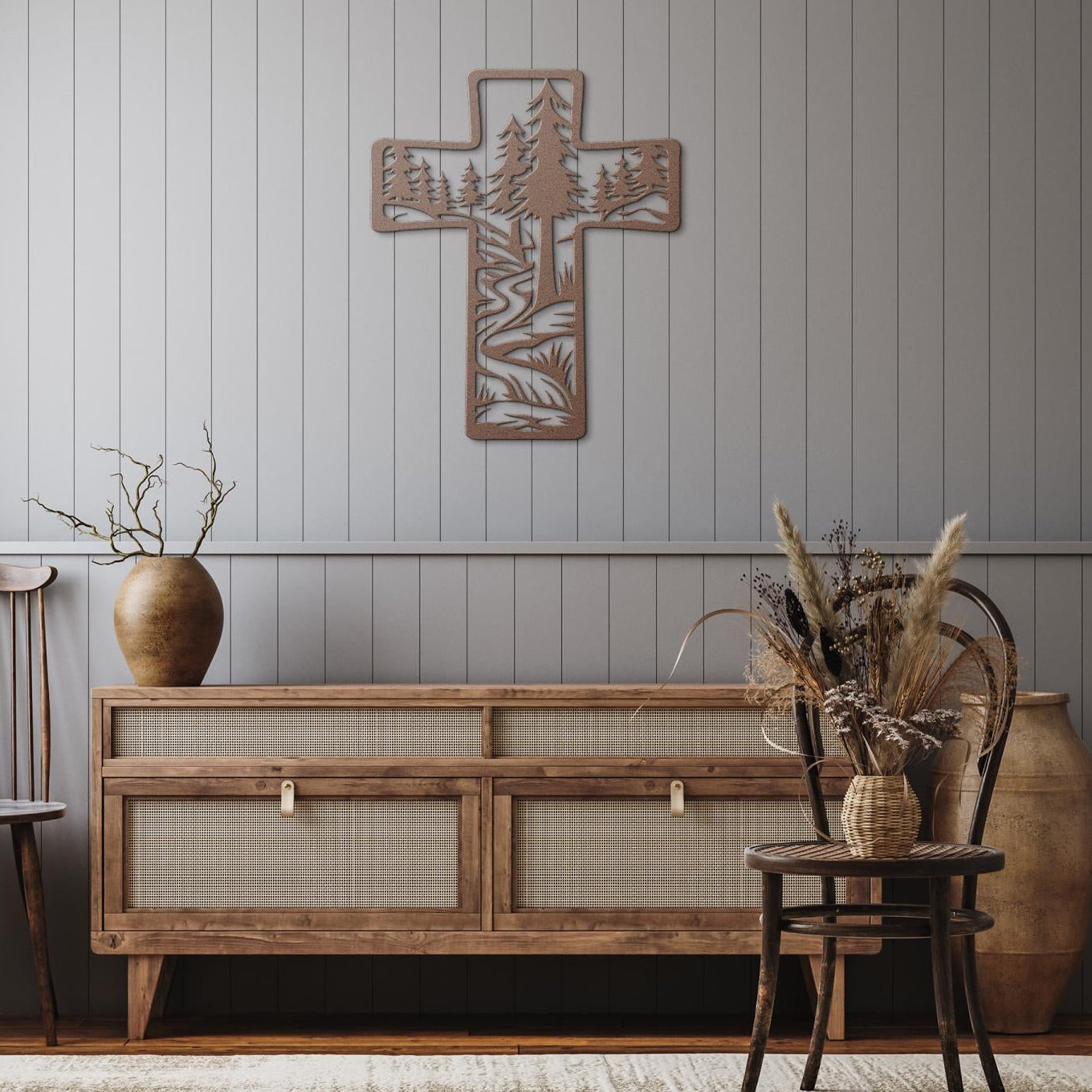Metal Cross Wall Art with Forest and Stream Nature Scene | Christian Home Decor | Rustic Faith Cross | Outdoor or Indoor Religious Gift