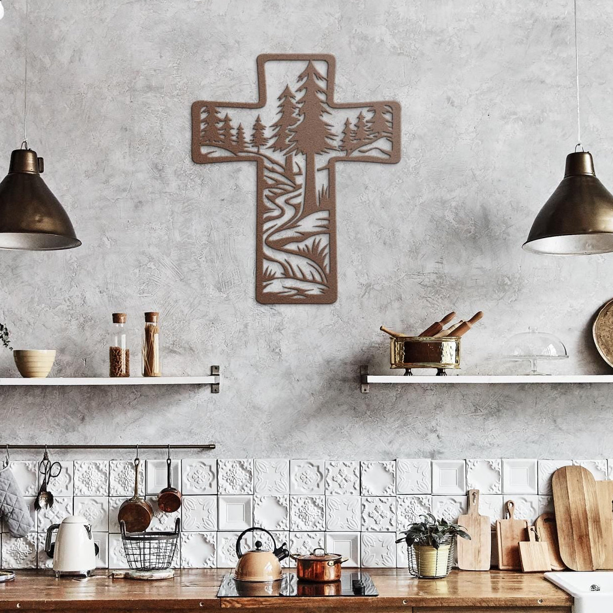 Metal Cross Wall Art with Forest and Stream Nature Scene | Christian Home Decor | Rustic Faith Cross | Outdoor or Indoor Religious Gift