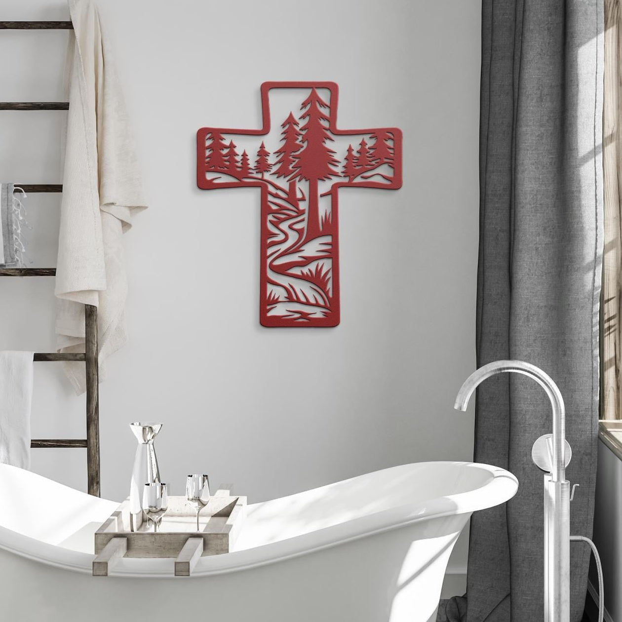 Metal Cross Wall Art with Forest and Stream Nature Scene | Christian Home Decor | Rustic Faith Cross | Outdoor or Indoor Religious Gift