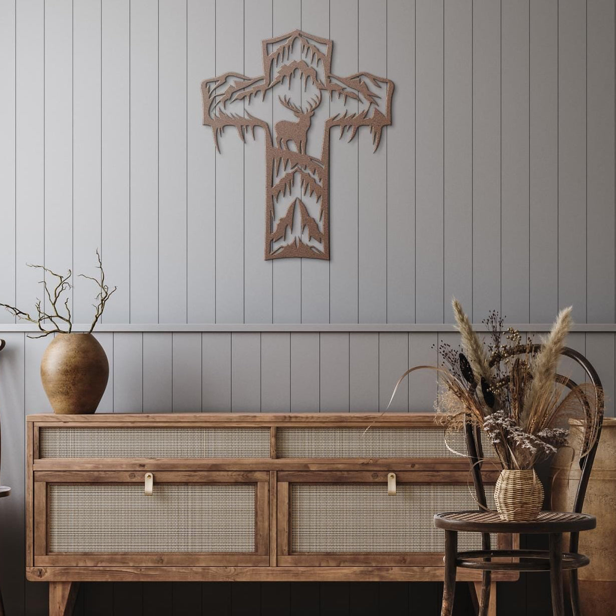 Metal Cross Wall Art with a Deer in a Unique Nature Scene | Christian Home Decor | Rustic Faith Cross | Outdoor or Indoor Religious Gift