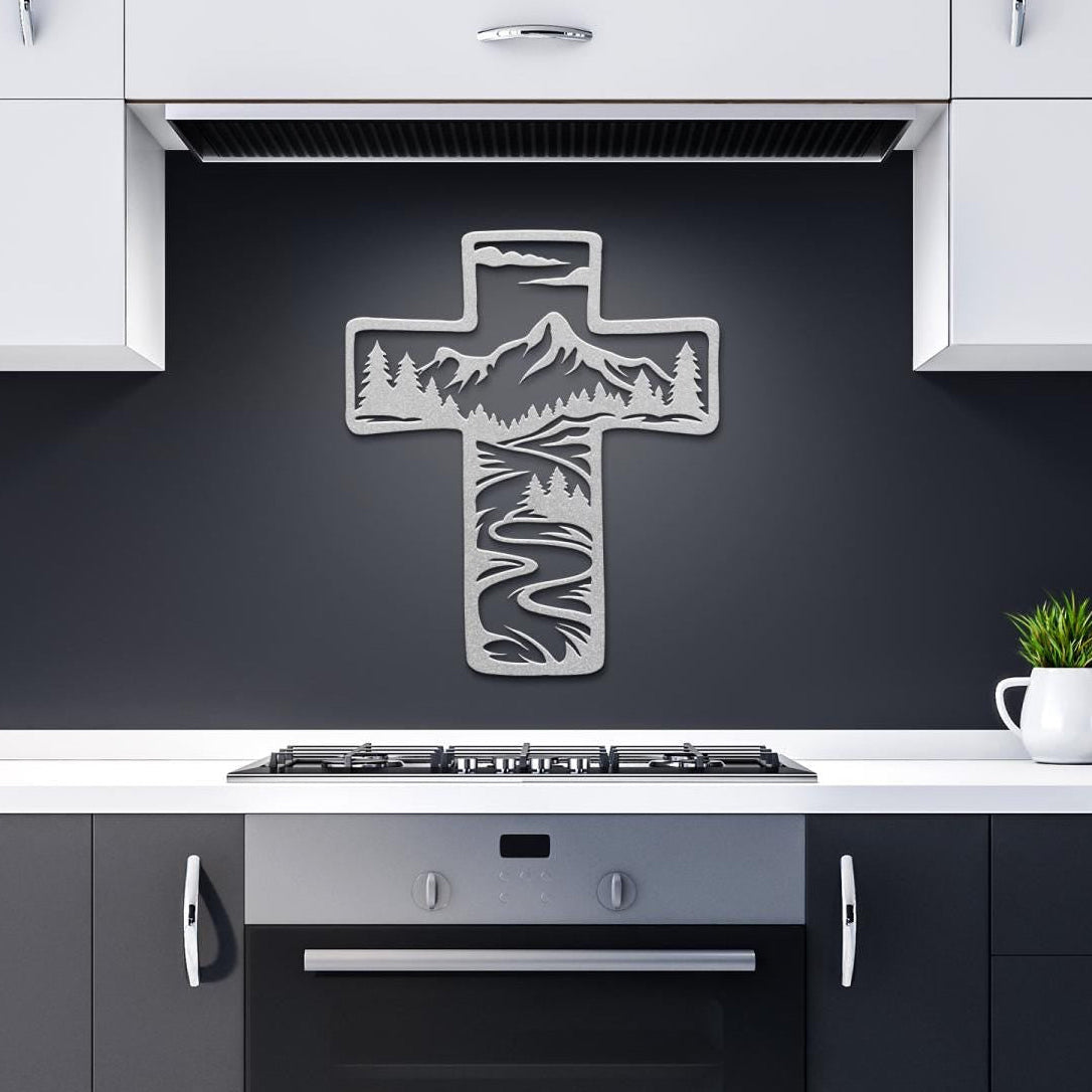 Metal Cross Wall Art with Mountains and Stream Nature Scene | Christian Home Decor | Rustic Faith Cross | Outdoor or Indoor Religious Gift