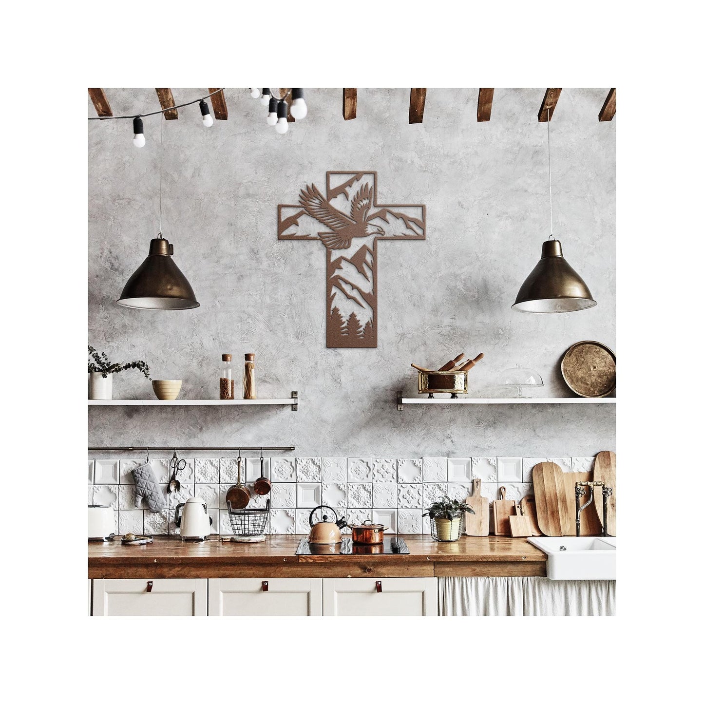 Metal Cross Wall Art with Soaring Eagle Mountain Nature Scene | Christian Home Decor | Rustic Faith Cross | Outdoor or Indoor Religious Gift