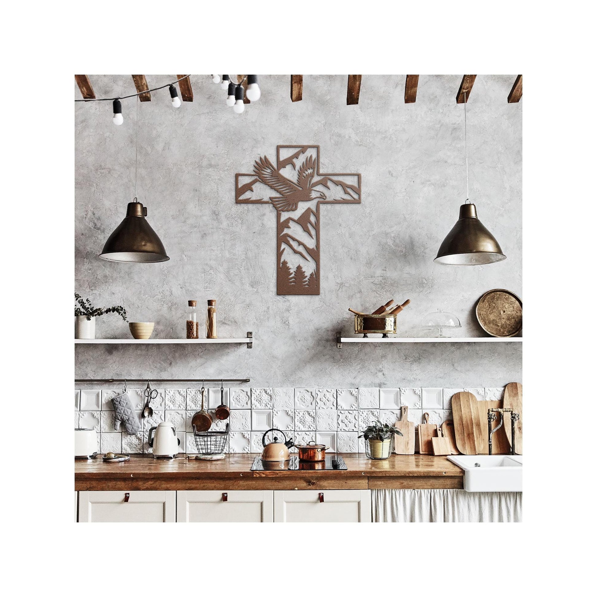 Metal Cross Wall Art with Soaring Eagle Mountain Nature Scene | Christian Home Decor | Rustic Faith Cross | Outdoor or Indoor Religious Gift