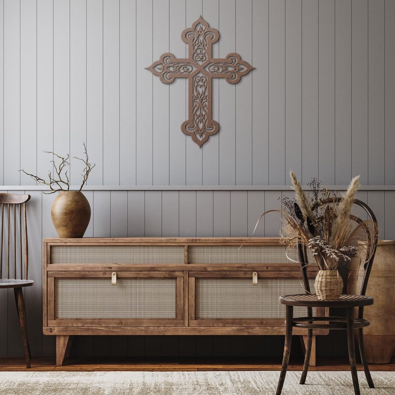 Decorative filigree metal cross wall art with ornate scrollwork, elegant Christian home decor and religious wall accent