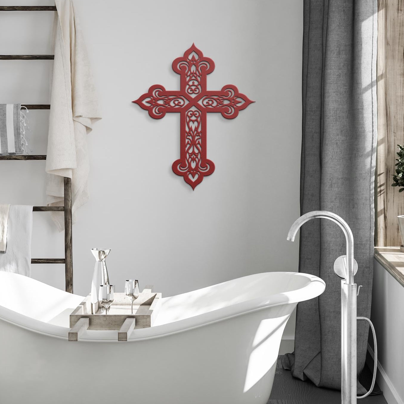 Decorative filigree metal cross wall art with ornate scrollwork, elegant Christian home decor and religious wall accent