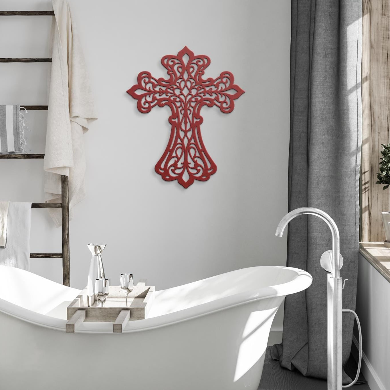 Decorative filigree metal cross wall art with ornate scrollwork, elegant Christian home decor and religious wall accent
