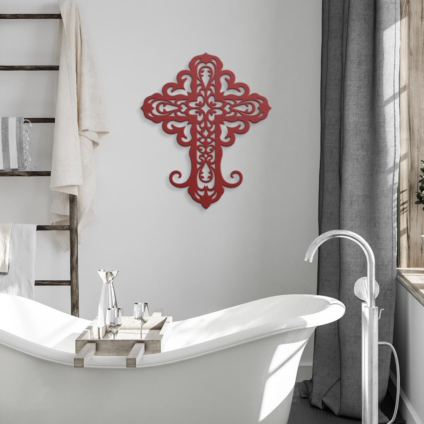 Decorative filigree metal cross wall art with ornate scrollwork, elegant Christian home decor and religious wall accent
