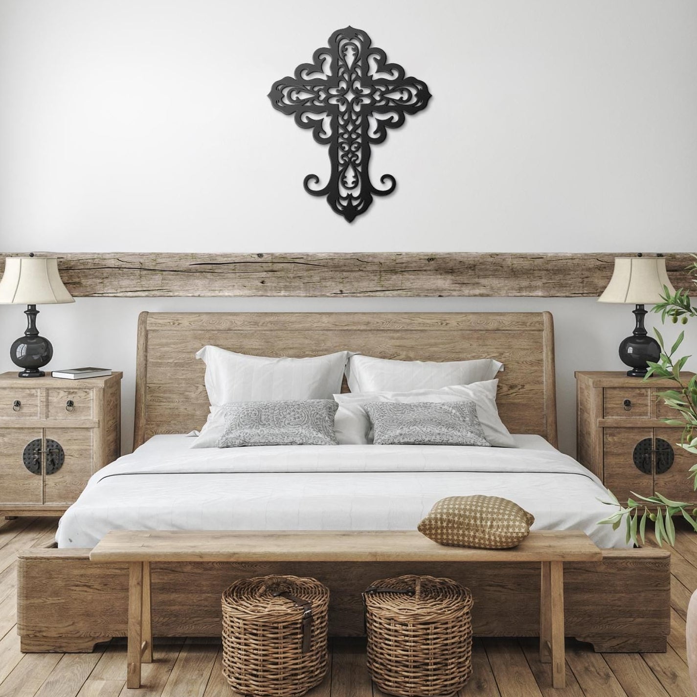 Decorative filigree metal cross wall art with ornate scrollwork, elegant Christian home decor and religious wall accent