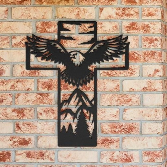 Metal Cross Wall Art - Eagle in the Mountains Nature Scene | Christian Home Decor | Rustic Faith Cross | Outdoor or Indoor Religious Gift