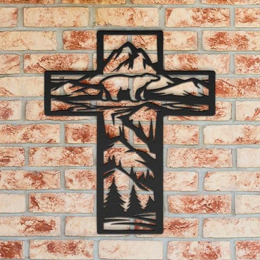 Metal Cross Wall Art with Bear in the Mountains Nature Scene | Christian Home Decor | Rustic Faith Cross | Outdoor or Indoor Religious Gift