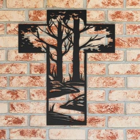 Metal Cross Wall Art - Stream in Wooded Forest Nature Scene | Christian Home Decor | Rustic Faith Cross | Outdoor or Indoor Religious Gift