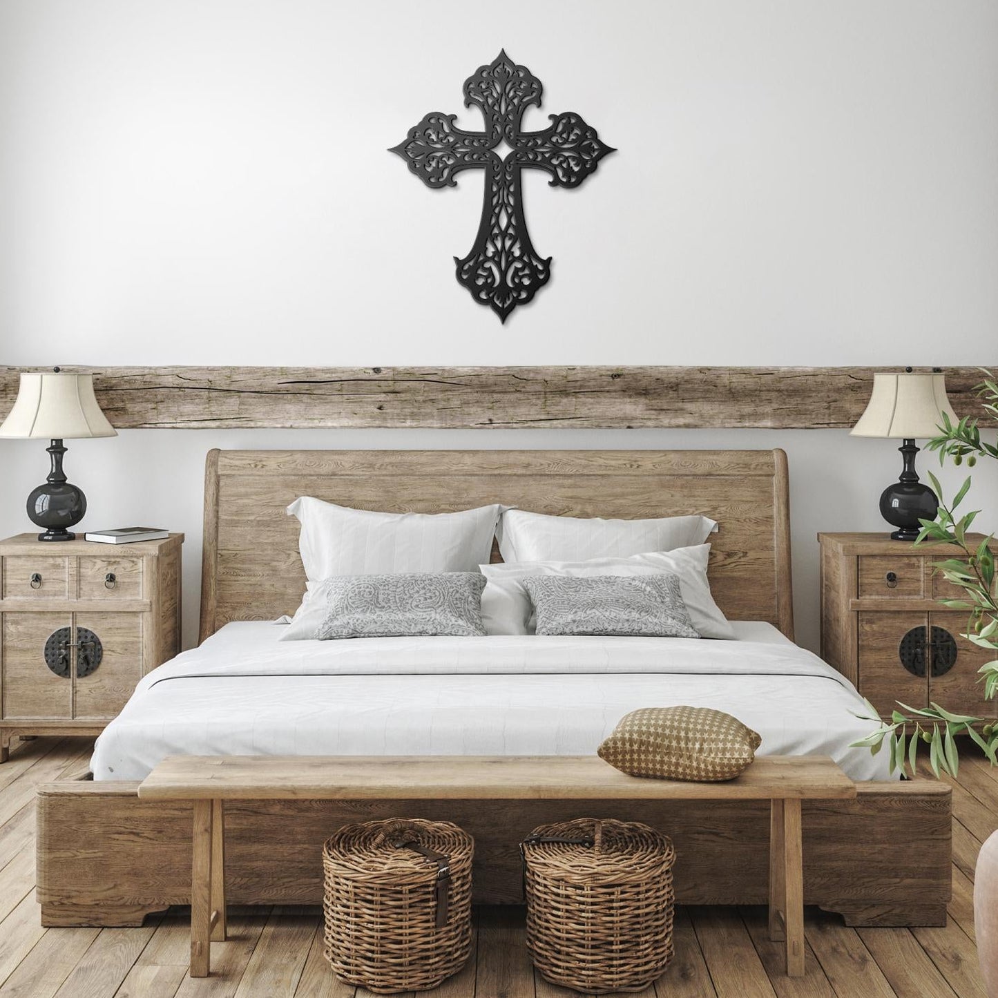 Decorative filigree metal cross wall art with ornate scrollwork, elegant Christian home decor and religious wall accent