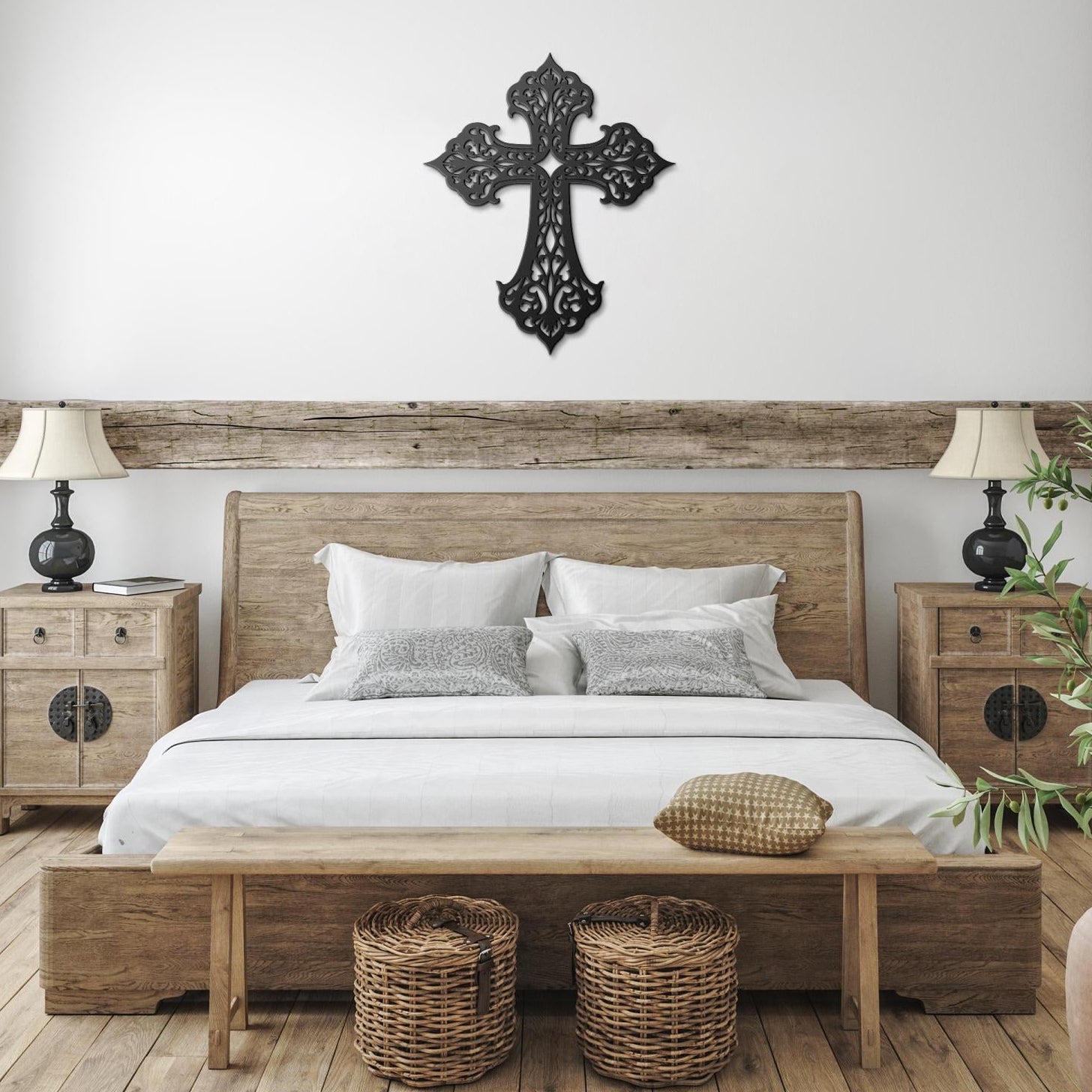 Decorative filigree metal cross wall art with ornate scrollwork, elegant Christian home decor and religious wall accent