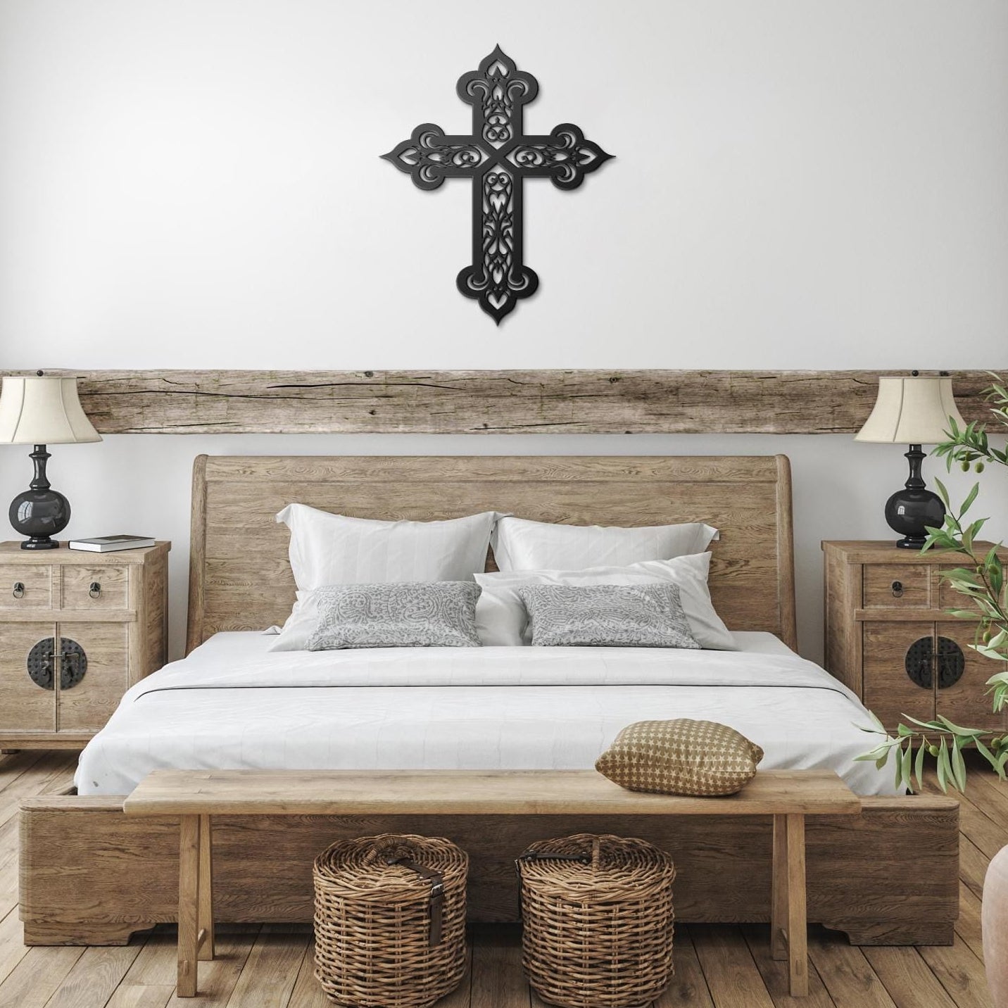 Decorative filigree metal cross wall art with ornate scrollwork, elegant Christian home decor and religious wall accent