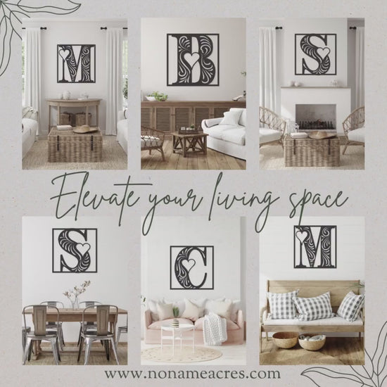 Square Monogram Metal Wall Art with Heart, Cabin Decor