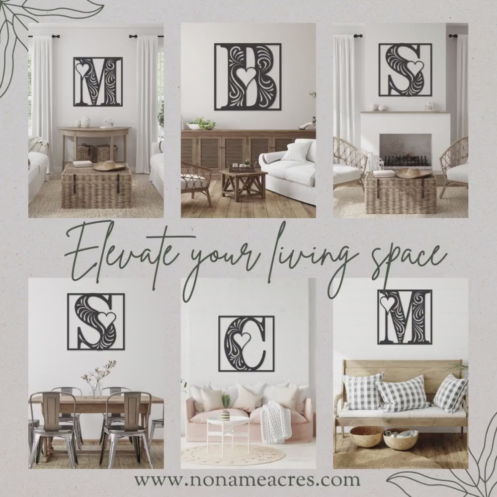 Square Monogram Metal Wall Art with Heart, Cabin Decor