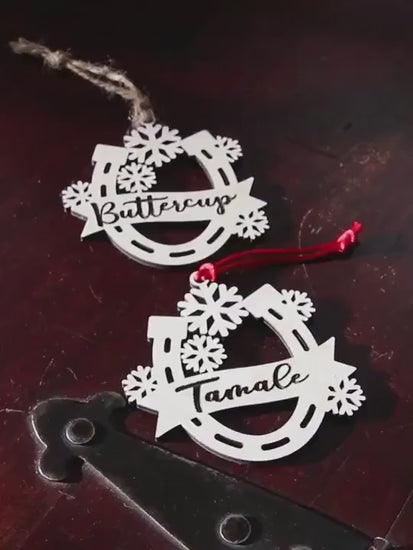 Personalized Horseshoe Ornament with Snowflakes, Custom Equestrian Gift, Memorial Horse Christmas Ornament