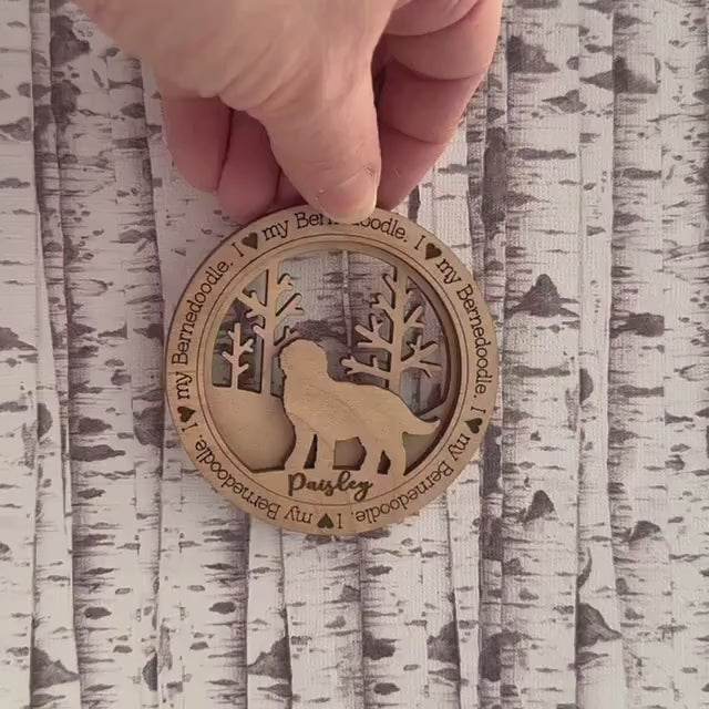 Personalized Bernedoodle Ornament, Laser Cut Birchwood Pet Memorial