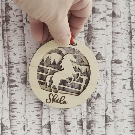 Personalized Horse with Mountains Ornament, Custom Equestrian Gift, Gift for Her, Memorial Ornament